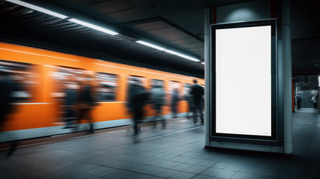 Dynamic urban scene shows a blank billboard in a busy subway station with commuters.の素材