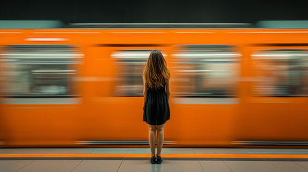 A woman in a black dress stands still on a subway platform while an orange train speeds past.の素材
