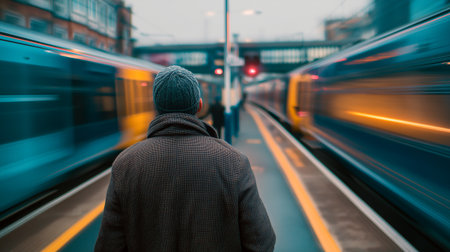 A person stands still at a busy train station while trains rush past in a lively setting.の素材