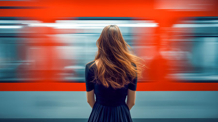 Girl gazes at a passing train while waiting on the platform at a busy urban station.の素材