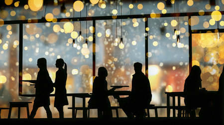 Silhouettes of people enjoying drinks and conversation in a warm cafe lit with soft lights.の素材