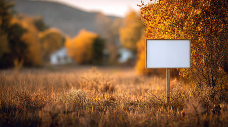 Free-standing matte advertising sign in a bright autumn meadow with vivid foliageの素材