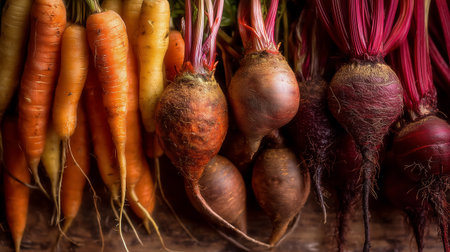 Carrots and beets arranged in a warm autumn macro composition with clean detail and soft blur.の素材