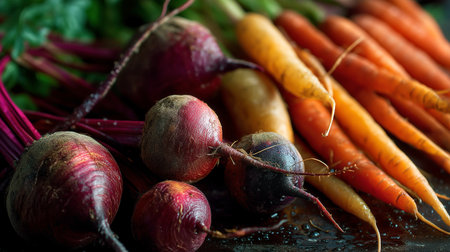 Autumn root vegetables in a detailed macro composition with warm earthy tones and soft background blurの素材
