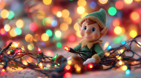 Funny photorealistic elf with soft bokeh and large blank area for message.の素材