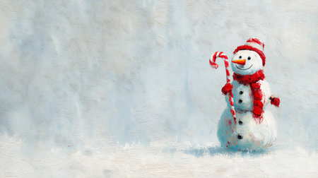 Oil-painted snowman with candy cane and editable text area.の素材