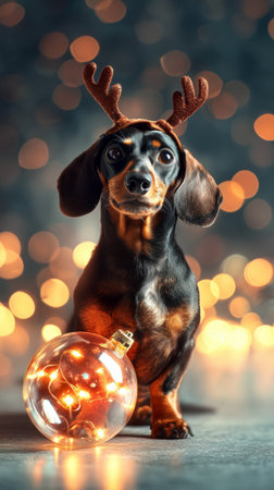 Cute dachshund with funny reindeer antlers next to a giant ornament in bokeh festive sceneの素材