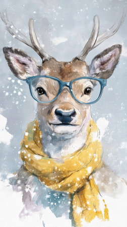 Funny watercolor reindeer with bright festive details and text space.の素材