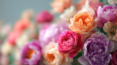 Realistic floral wallpaper with roses and peonies in selective focus and elegant bokeh lightingの素材