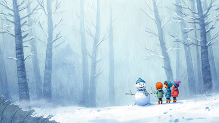 llustrated children building a snowman with large minimal background space for design useの素材