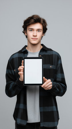 Teen holding a blank e-reader screen with room for custom learning contentの素材