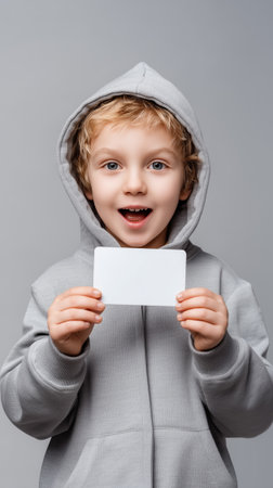 Child showing a blank streaming thumbnail card for customizable video graphicsの素材