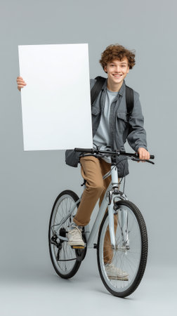 Teen holding a blank vertical signboard while cycling, ideal for customizable urban lifestyle contentの素材