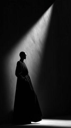 Dramatic Luxury Fashion Silhouette Emerging From Shadow With Bold Proportionsの素材