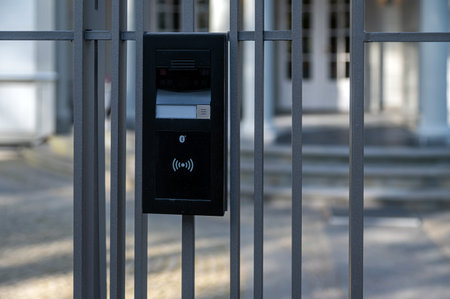 A device for entry access sits on a gate beside a building during the day.