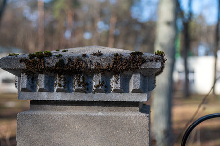 Stone pillar covered with moss stands in a park with trees and a building in the distance.