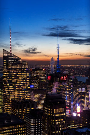 New York City skyline aerial panorama view at night with Empire State Building, Times Square and...