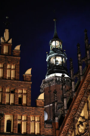 Gothic Wroclaw Old Town Hall on market square at nightのeditorial素材