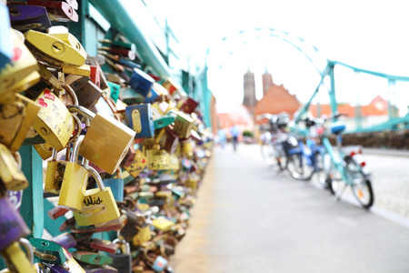 locks of love on the bridge in Wroclaw, Polandの写真素材