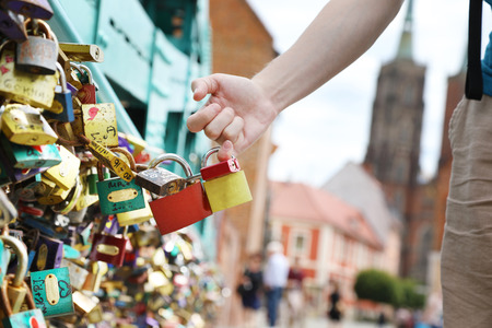 locks of love on the bridge in Wroclaw, Polandの写真素材