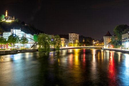 Mountain lake in the Alps at night. Lucerne at night. Switzerlandのeditorial素材