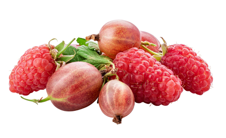 Collection of fresh berries. Raspberry, red currant, gooseberry.  Clipping path