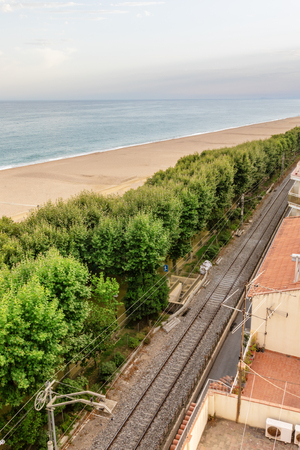 Sea bank in Costa Brava, Spain. Railway in mountains, Spainの写真素材
