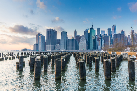 View of Manhattan at sunset from the side of the pier. NYC, USAの写真素材