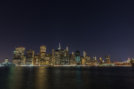 Manhattan skyline panorama with Times Square lights at dusk, New York City, USAの写真素材