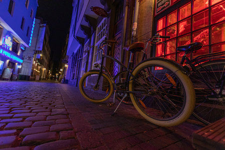 Bicycle stands near the wall of an old house in the old city of Middle Europeのeditorial素材