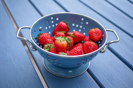 Fresh strawberries in a blue colander の写真素材