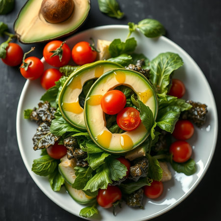 Avocado salad with cherry tomatoes and spinach on a black background.の素材