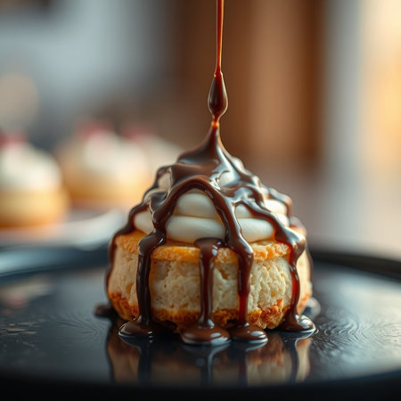 Pouring chocolate syrup on a piece of cheesecake, shallow depth of fieldの素材