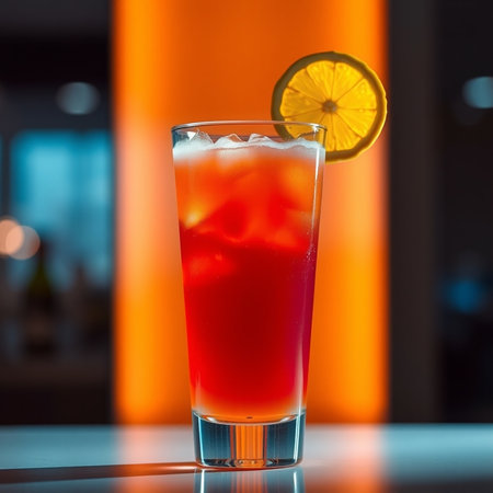 cocktail in the bar with a slice of lemon on the foregroundの素材
