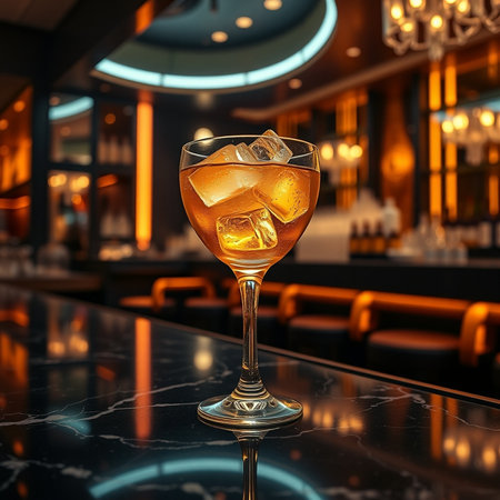 Cocktail with ice on the bar counter. 3d renderingの素材
