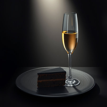 chocolate cake with a glass of champagne on a black plate.の素材