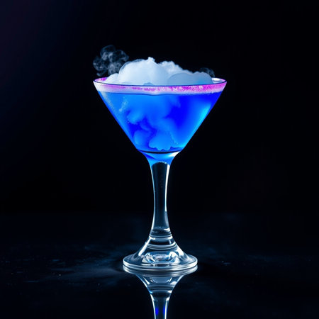 Blue cocktail in martini glass with ice on black background.の素材