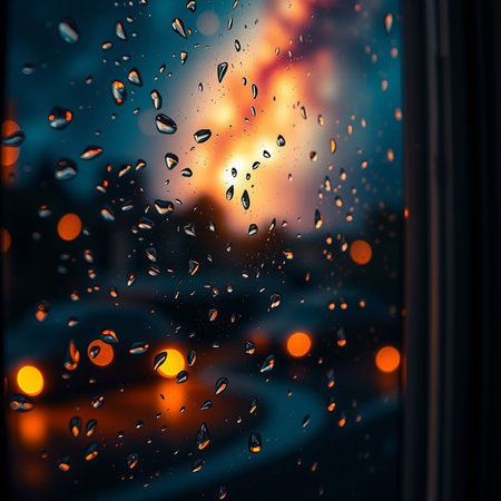 Rain drops on the window with city lights in the background. Blurred backgroundの素材