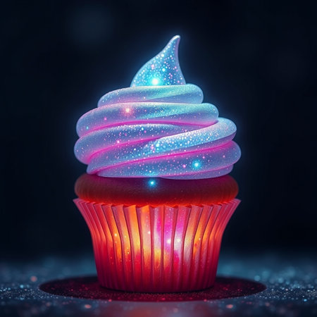 Cupcake with colorful lights on dark background. 3d renderingの素材