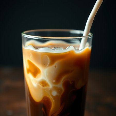 Iced coffee in a glass on a dark background. Toned.の素材