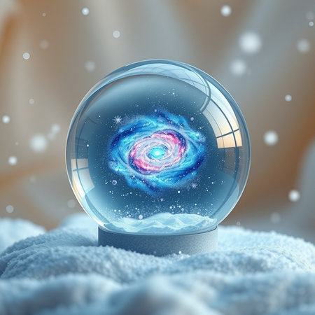 Crystal ball with a planet inside. 3D rendering. Snow background.の素材