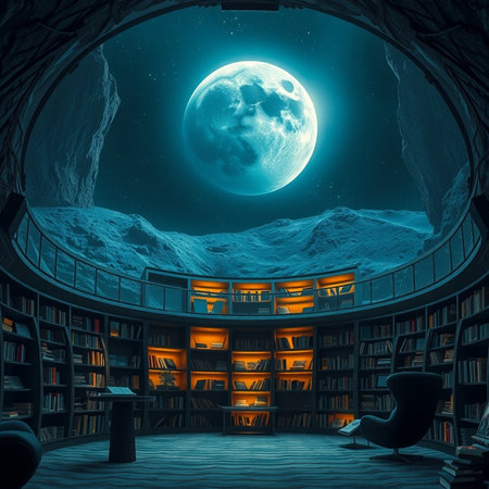 Fantasy dark library interior with bookshelves and moon. 3D renderingの素材