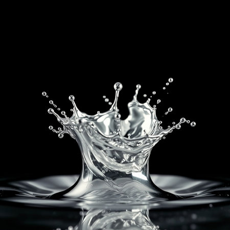 Water splash close-up on a black background. Splash effect after collision and falling drops with water Surfaceの素材