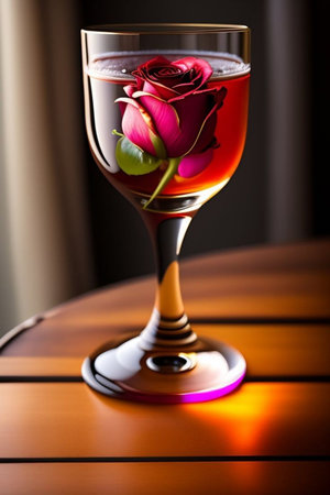 Red rose in a wine glass on a wooden table in a restaurantの素材