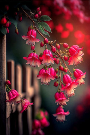 Fuchsia flowers in the garden with beautiful bokeh backgroundの素材