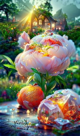 Beautiful flowers in the garden on the background of a wooden houseの素材