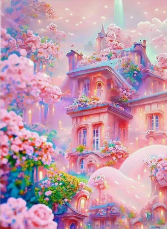 Beautiful fairy tale castle with pink flowers in the garden. Digital painting.の素材