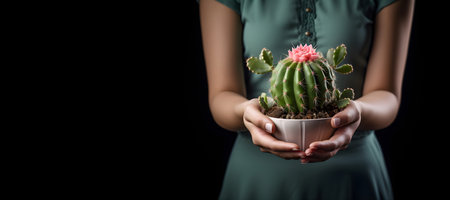 Cactus in a pot in the hands of a woman on a black backgroundの素材