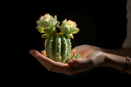 Close up of cactus in woman hands isolated on black background.の素材