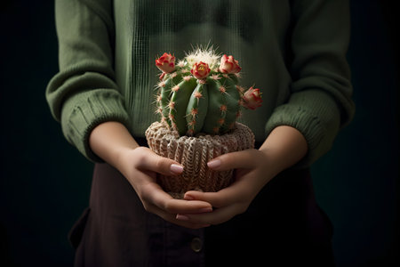Closeup of cactus in woman's hands on dark background.の素材
